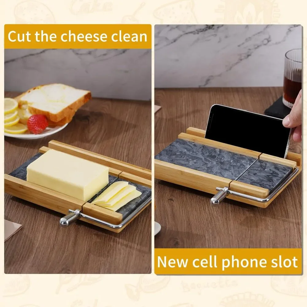 Bamboo & Marble Cheese Slicer w/ 4 Wires | Heavy Duty Butter Cutter Board Stand